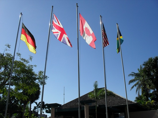 Flags at the entrance of Hedonism II