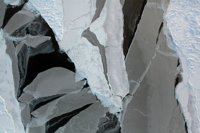 Sea ice can take many forms, as seen in this image of Arctic sea ice from a recent Operation IceBridge aerial survey. Varying thicknesses of sea ice are shown here, from thin, nearly transparent layers to thicker, older sea ice covered with snow. NASA via nsidc.org
