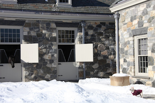 Franny, just look at how much snow is covering the cobblestone courtyard!
