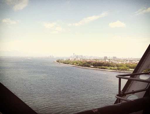 At the top of the Verrazano Bridge, looking towards Manhattan.