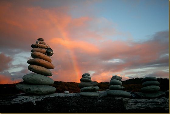 Rocks on the beach at sunset