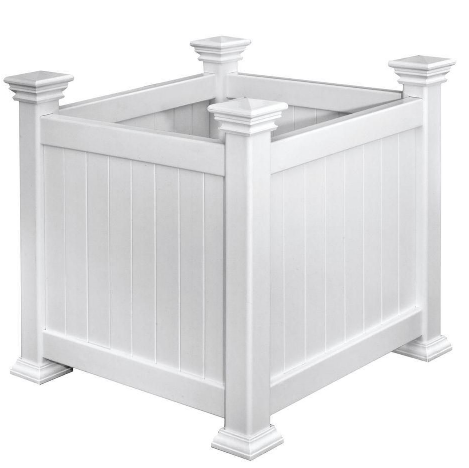 I love the simple, classic look of these boxed white planters. They would look great along a pathway. (homedepot.com)
