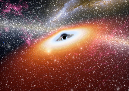 ilustração de um buraco negro cercado por aglomerados de estrelas