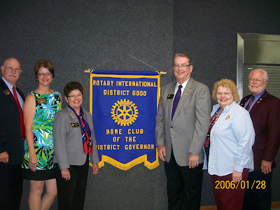 Pictured are: Terry and Peggy Geiger (District Governor Elect), Becky and Don Patterson (District Governor), and Colleen and Gary Welch (Past District Governor).  Photo Courtesy of Susan Wellington, Rotarian