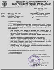 Surat Kepala Dinas DIkpora Kab. Lombok Timur tentang pemberkasan triwulan ke 2