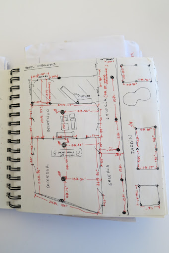 Rosma's sketch of the reception space with measurements and a floorplan.