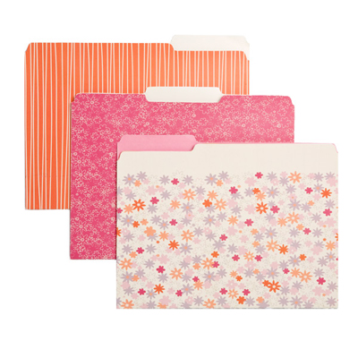 For files you want in plain sight, opt for fun colors and designs. Bloom Letter-Size Interior File Folders, $5.99 each, containerstore.com [photo courtesy of The Container Store]