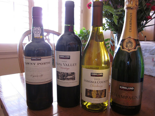 My seven dinner companions and I sampled these four Kirkland Brand wines: Champagne, Chardonnay, Meritage, and Tawny Port.