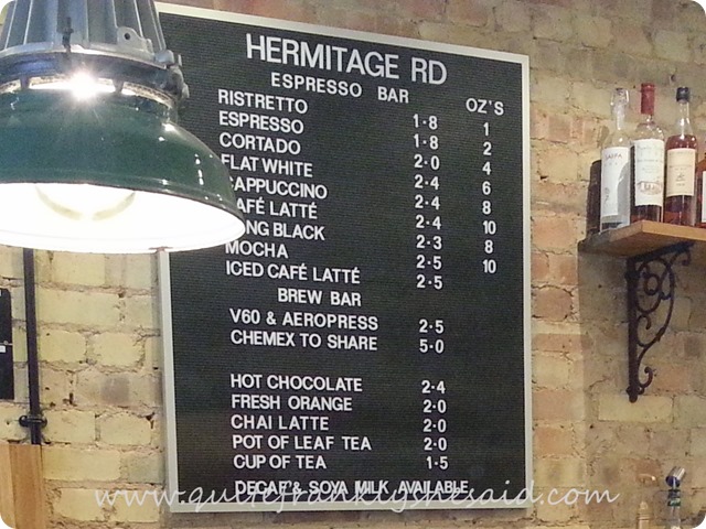 Hermitage Rd coffee bar menu Hitchin