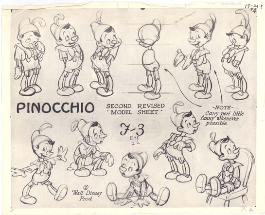 From “Pinocchio” (1940).  First generation Photostat. Notes: "Second revised model sheet"; "F-3"; "E 48 22"; "19-21-4"; "Battaglia"; "OK Joe Grant"  Note: “Battaglia” in blue in on Photostat. Circa 1938.  Back: AR 19-21-4  [Item: 15.5"W X 12.5"H]  Acquired 2000.  SeqID-0506  Updated: 1/21/2000.