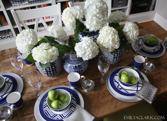 blue and white tablescape