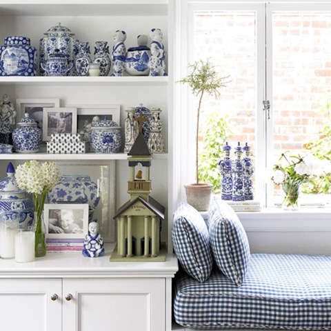 blue and white check window seat and blue and white porcelain