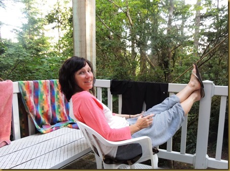 Moe (aka Maureen) relaxing on the deck of their lake cabin