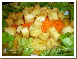 Rosti di patate con tofu affumicato fritto, insalata verde e carote a julienne (11)