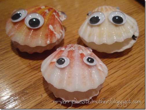 Seashells with googly eyes