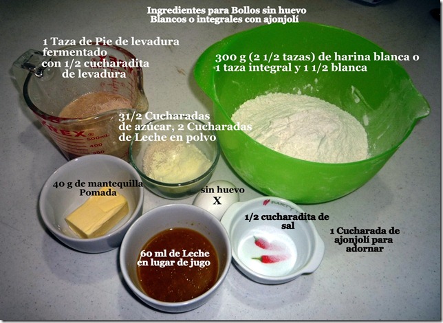 Ingredientes para Bollos sin huevo Blancos o integrales con ajonjol