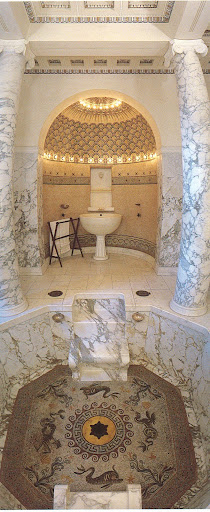 The octagon-shaped pool in this Greek bath is exquisite.  Some details I like: the seat carved from marble along the pool's edge and the alcove in the rear.