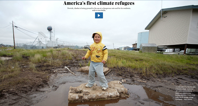 A child plays in a flooded area of Newtok village. More than 180 native communities in Alaska are experiencing flooding and loss of land as ice melts due to climate change. Photo: Brian Adams