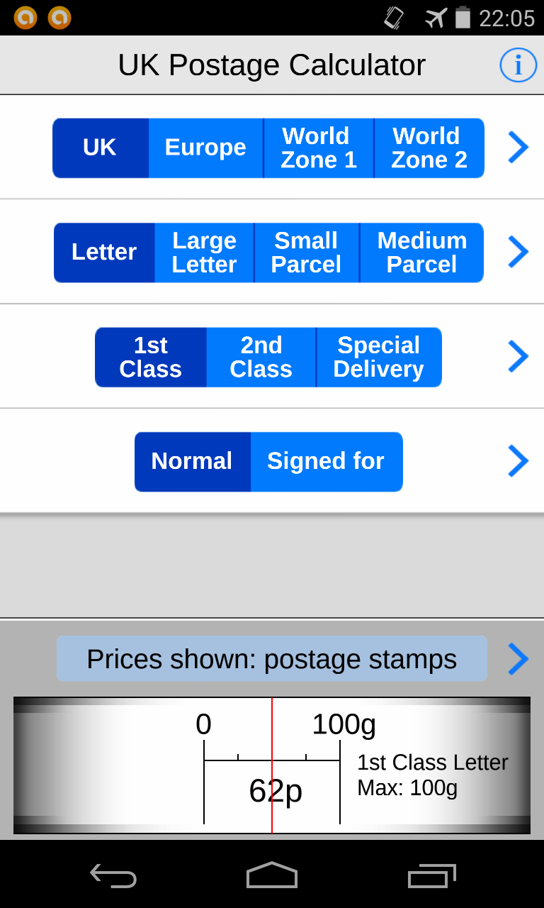 Android application UK Postage Calc. eBay delivery screenshort