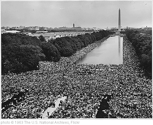 'Civil Rights March on Washington, D.C. [A wide-angle view of marchers along the mall, showing the Reflecting Pool and the Washington Monument.], 08/28/1963' photo (c) 1963, The U.S. National Archives - license: http://www.flickr.com/commons/usage/