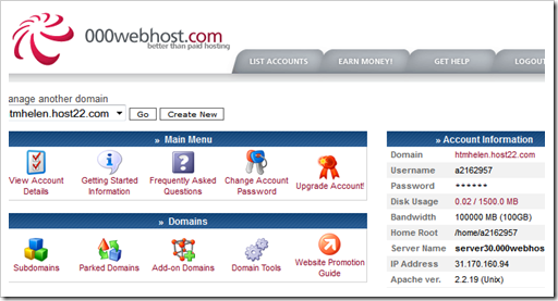 Parte do painel do 000webhost.com Parte do painel do 000webhost.com