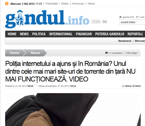 Poliţia internetului a ajuns şi în România  Unul dintre cele mai mari site-uri de torrente din ţară NU MAI FUNCŢIONEAZĂ. VIDEO - Gandul-111646