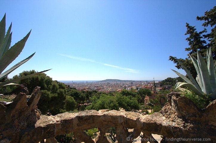 View across Barcelona from Parc Guell with Montjuic Hill in background View across Barcelona from Parc Guell with Montjuic Hill in background