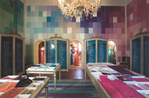 This installation, created by Maria Luisa Frisa, was created in 2007 in honor of Pucci's 60th Anniversary. It's design is based off of the original boutique in Palazzo Pucci. This installation, created by Maria Luisa Frisa, was created in 2007 in honor of Pucci's 60th Anniversary. It's design is based off of the original boutique in Palazzo Pucci.