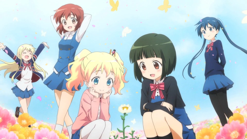 Alice and Shino observe some flowers while the rest of the cast poses in the background