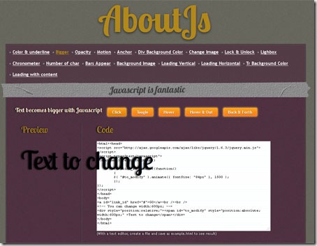 Aspecto de la web AboutJs, que muestra propiedades JavaScript