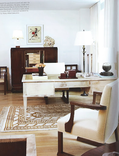 Jean-Michel Frank designed the parchment-covered desk; the pair of oak armchairs with silk upholstery, the glass, wood, and bronze desk lamp, and the bronze Tete du Femme floor lamp, a collaboration with Alberto Giacometti.  (Dealer's Choice, Architecture/Interiors Press, Inc.)