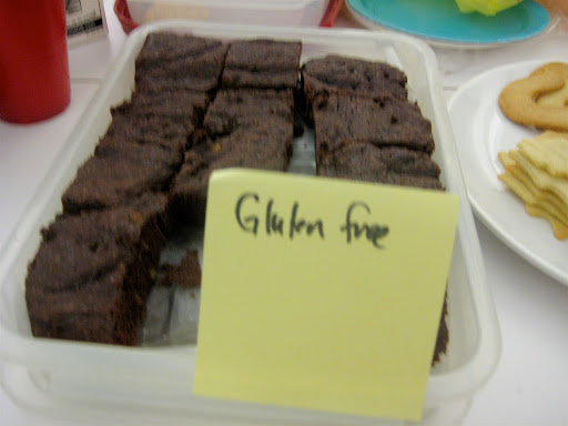 A good soul baked some gluten-free brownies and labeled them for those who couldn't partake of the other wheat-based treats. A good soul baked some gluten-free brownies and labeled them for those who couldn't partake of the other wheat-based treats.
