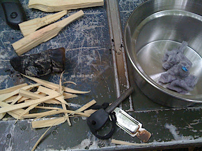 My Opinel knife was used to shave off some thin strips for getting the Kelly started: quite a lot of rain the day before meant the twigs on the ground were wet, so my stack of these sticks I keep in my 'bushcraft bag' came in handy. Swedish Firesteel can be relied on of course, and in the Kelly base here I used some fluff gathered from the tumble drier at home which makes excellent tinder.