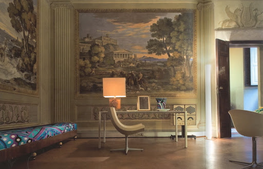 The combination of 19th Century frescoes and the bold silk empire banquette in the Odyssey Room of Palazzo Pucci, perfectly defines the man. The combination of 19th Century frescoes and the bold silk empire banquette in the Odyssey Room of Palazzo Pucci, perfectly defines the man.