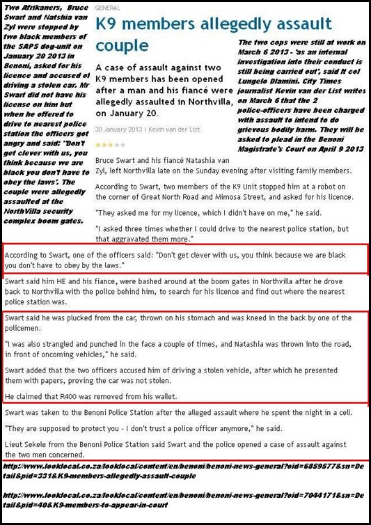 SWART Bruce and VAN ZYL Natashia assaulted by two black racist cops Benoni NorthVilla Jan202013 trial April 9 2013