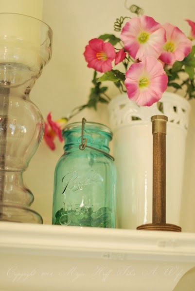 Spring mantel pretty violet candle holder ball jar.jpg Spring mantel pretty violet candle holder ball jar