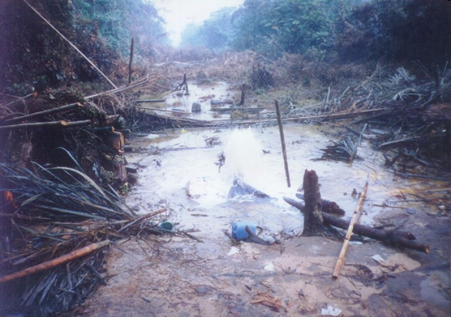 Massive oil spill at Amukpe, near Sapele, in Nigeria's Niger delta, pouring crude oil into the neighbouring river for more than one month. PPMC's ruptured pipeline emptying P.M.S. (Premium Motor Spirit) into Okpe river for over one month. Amukpe community, Sapele L.G.A., Delta State, Nigeria Picture Taken By Israel Aloja of Environmental Rights Action / Friends of the Earth Nigeria (ERA / FoEN)