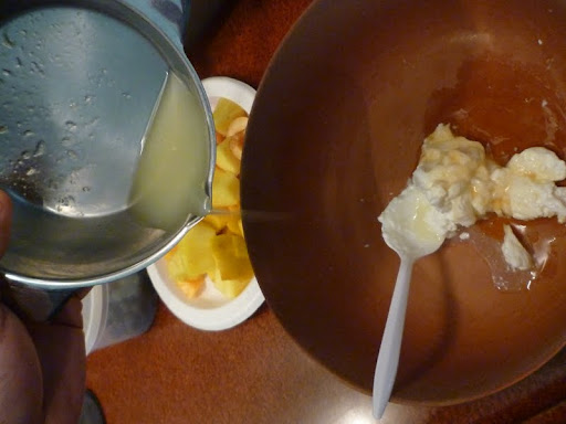 Steve mixes his yogurt and honey dressing with some leftover lime juice from Monty's dressing.