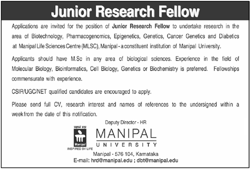 Manipal University Openings for JRFs in Life Sciences