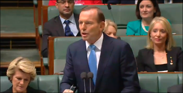 Australia PM Tony Abbott addresses the Senate, 20 March 2014. 'The carbon tax is an act of economic vandalism,' the Prime Minister told question time. 'You can&rsquo;t trust (Labor) anywhere near an economy.' The Abbott government failed in its first bid to scrap the carbon tax, with the Senate refusing to pass a package of bills to repeal the Gillard-era climate change policy. Photo: AAP