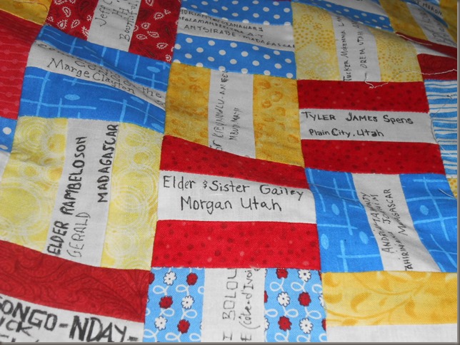 Our names on Sister J's quilt