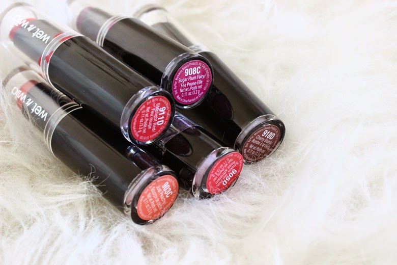 wet n wild matte lipsticks just peachy stoplightred sugar plum fairy smokin' hot pink cherry bomb review lipsticks 