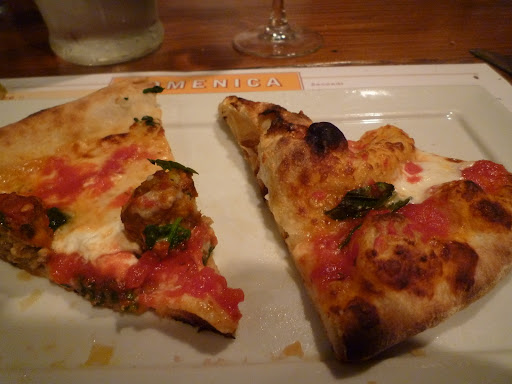 Two out of the 3 pizzas we shared-with lamb meatballs on the left and margherita on the right.
