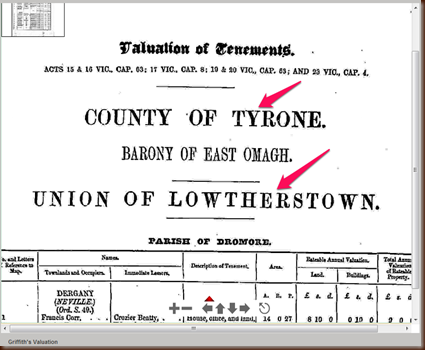 Griffith's Valuation Tyrone Union of Lowtherstown 1864