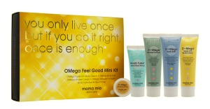 Mama Mio Omega Feel Good Mini Kit including Boob Tube Bust & Neck, Omega Super-Rich Body Cream, Omega Shower Cream, Omega Body Buff and Omega Wonder-Full Balm ($39.50, mamamio.com)