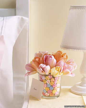 This arrangement speaks for itself. Pastel candy hearts pair nicely with tulips in complementary colors.