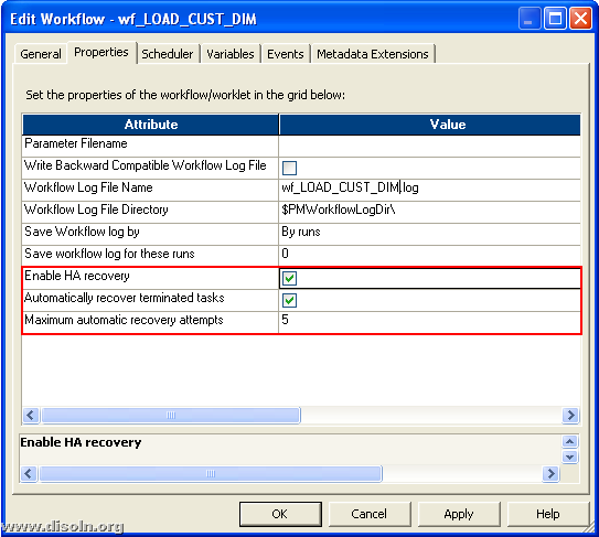 Workflow Recovery Configuration for Informatica PowerCenter Workflows