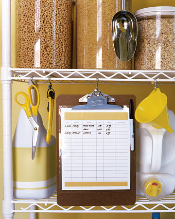 In your kitchen cabinet or pantry, use S hooks to hold an inventory list -- so you know what you have, as well as how much you paid per unit, for the sake of future comparison shopping.