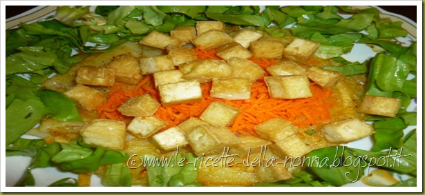 Rosti di patate con tofu affumicato fritto, insalata verde e carote a julienne (12)