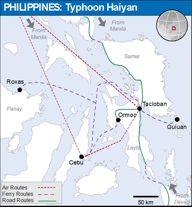 Air, ferry, and road routes for international aid into the Philippines, 16 November 2013. Graphic: OCHA